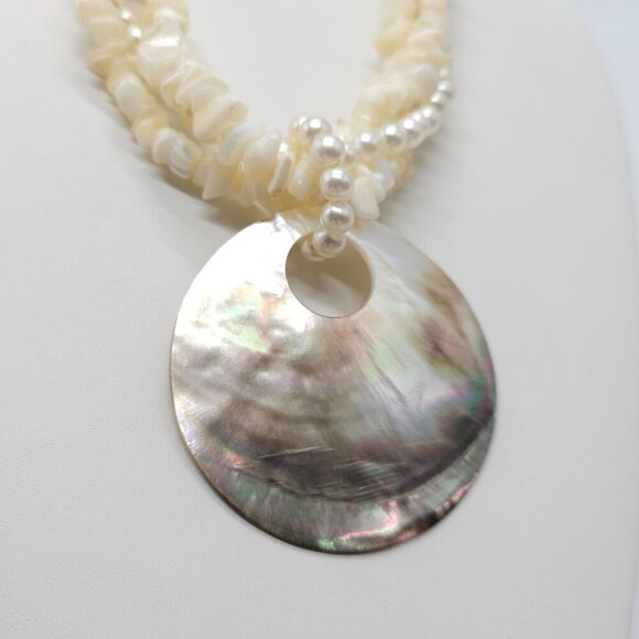 Natural Shell Faux Pearl Multi-Strand Necklace With Round Shell Pendant - Picture 2 of 5